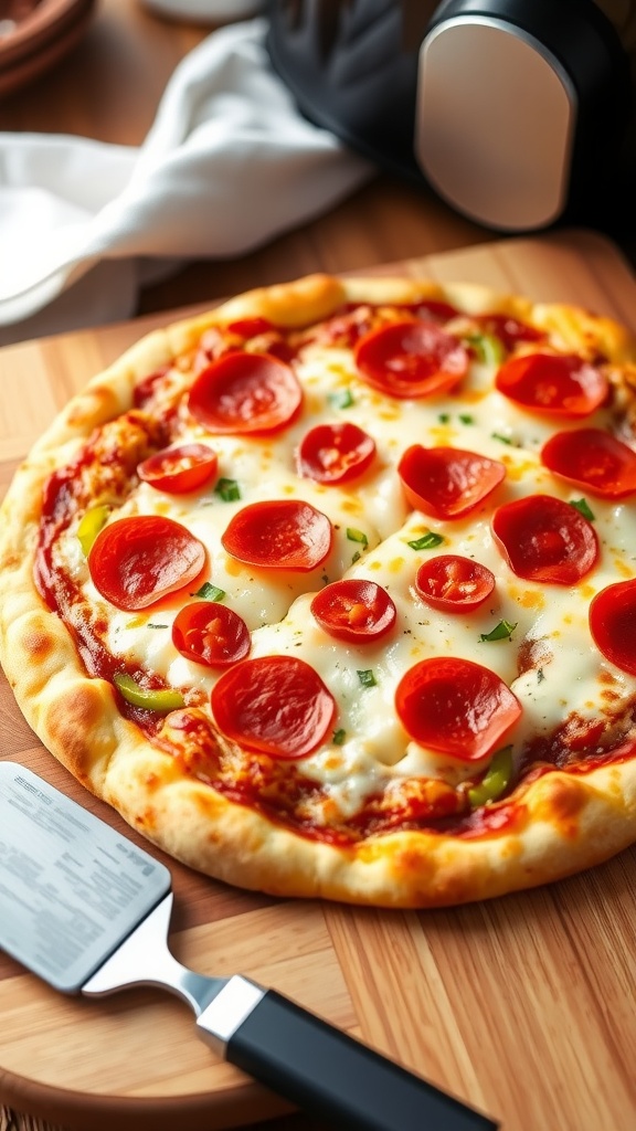 Golden-brown air fryer pizza topped with mozzarella cheese and pepperoni on a cutting board.